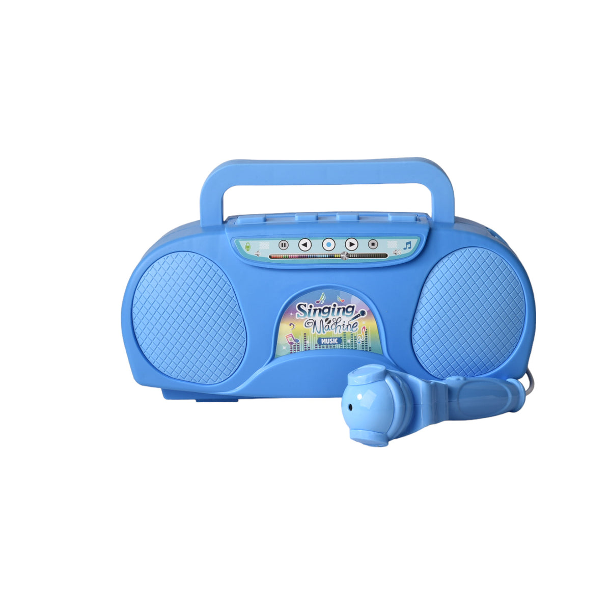 juguete karaoke azul con microfono de plastico con sonido