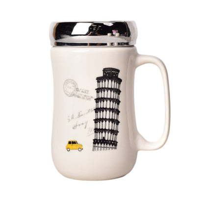MUG POCILLO CERAMICA CON TAPA DIFERENTES DISEÑOS 440ML DIM:8
