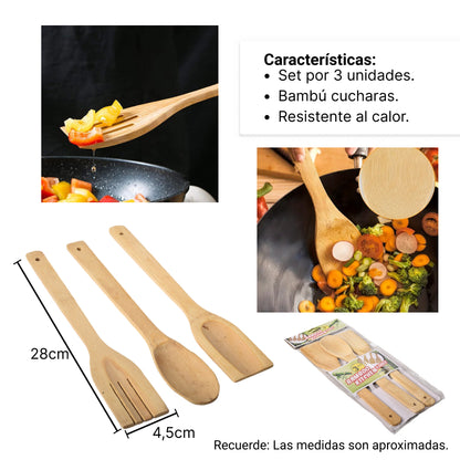 SET CUBIERTOS POR 3 UNIDADES DE BAMBOO PARA COCINA