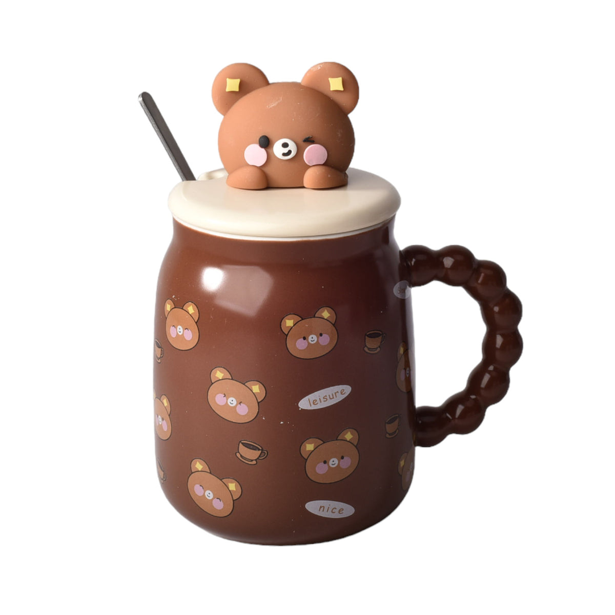 mug pocillo con tapa y cuchara ceramica diseños osos de 420m