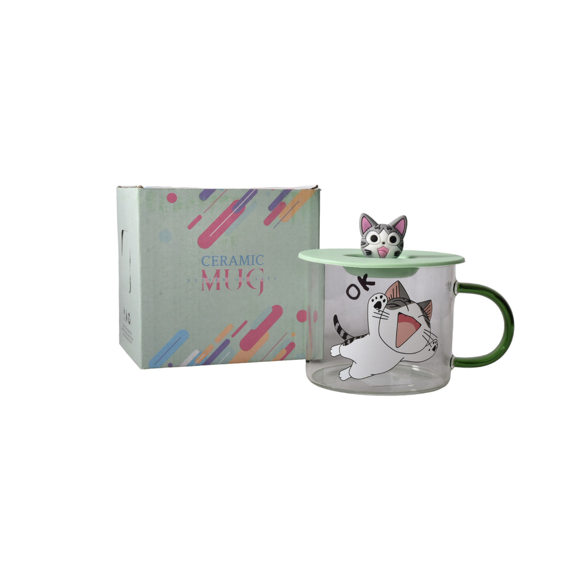 mug pocillo transparente diseño de gatos en vidrio con tapa