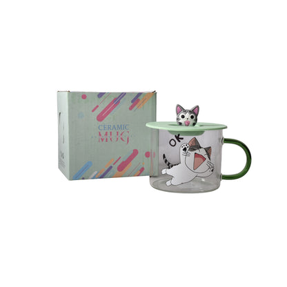 MUG POCILLO TRANSPARENTE DISEÑO DE GATOS EN VIDRIO CON TAPA