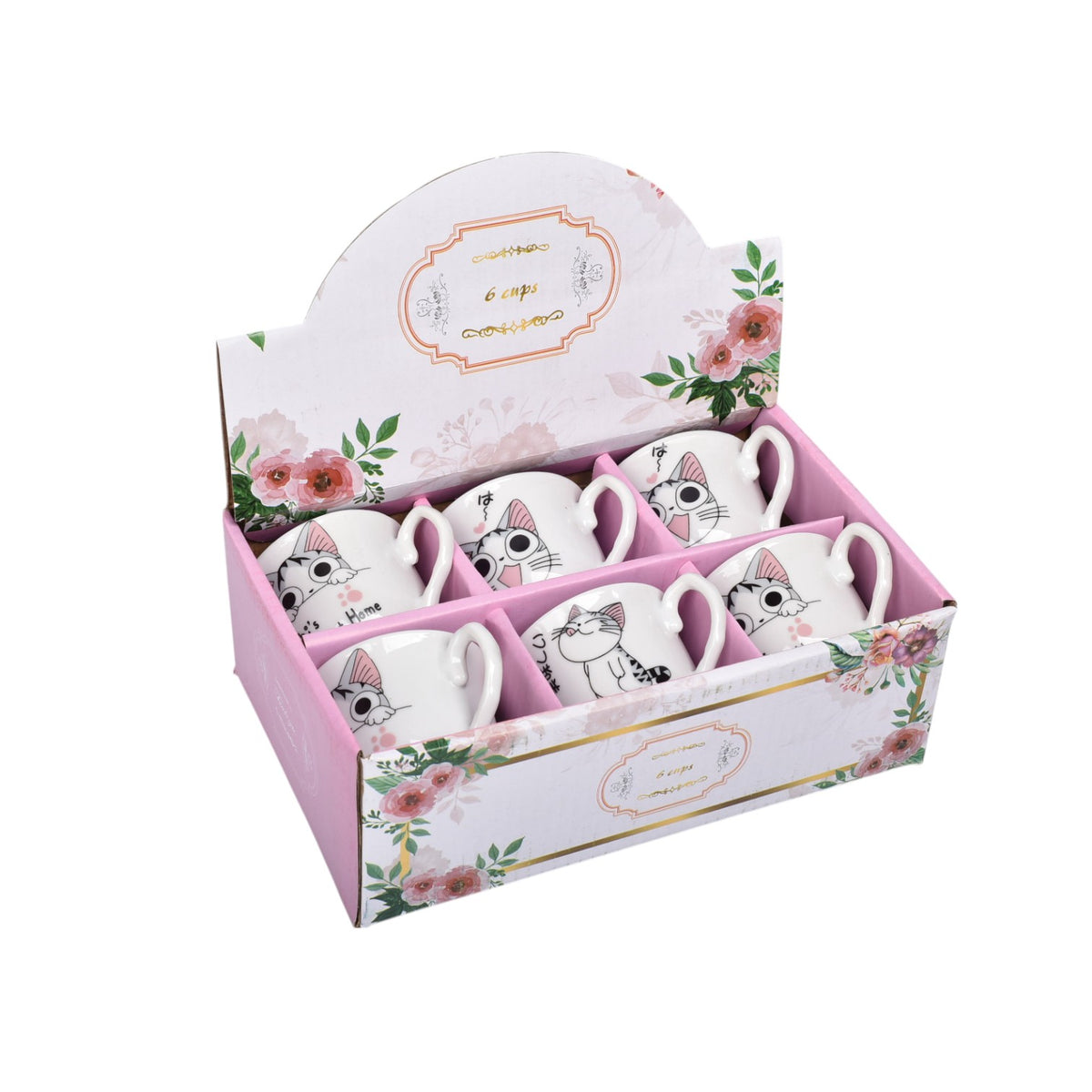 pocillo set x 6 pzas ceramica 60ml diseño de gato dim:5x5x6