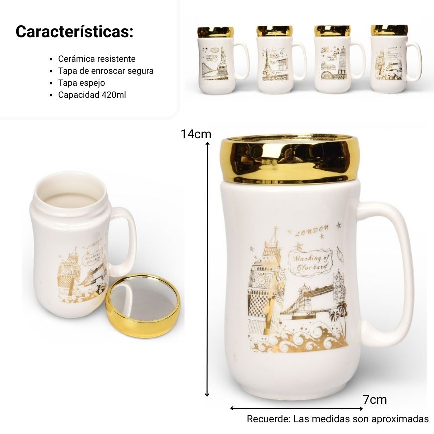 mug pocillo cermica tapa espejo 420ml dim:7x7x14