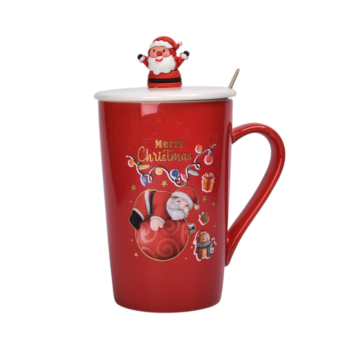 mug pocillo con tapa y  cuchara de ceramica navidad 420ml dim:8x8x12