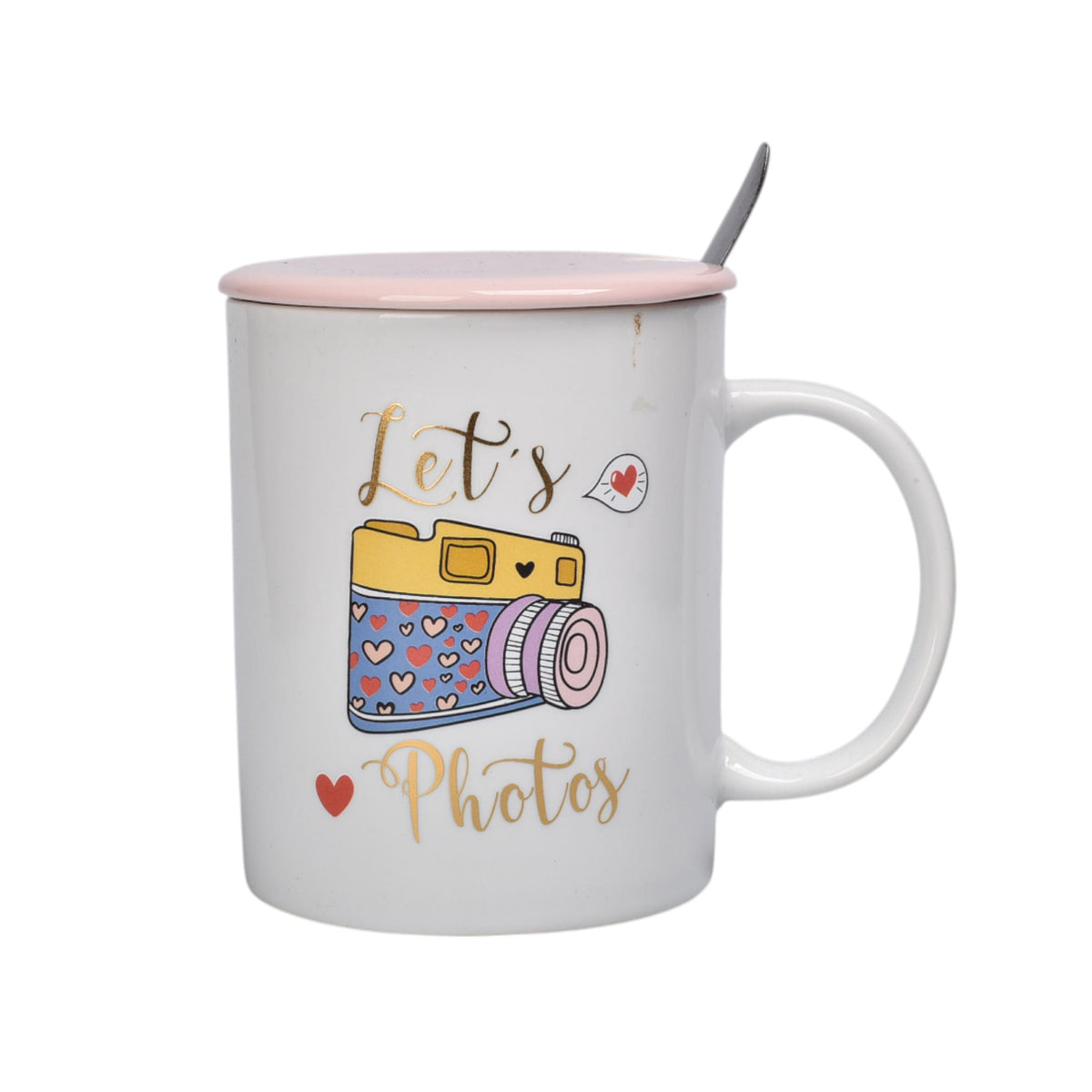 mug pocillo con tapa y  cuchara de ceramica varios diseños 350ml dim:8x8x9