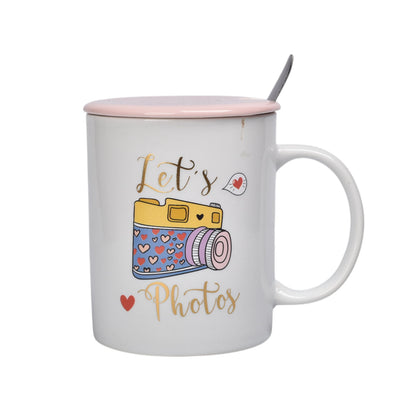 MUG POCILLO CON TAPA Y  CUCHARA DE CERAMICA VARIOS DISEÑOS 350ML DIM:8X8X9