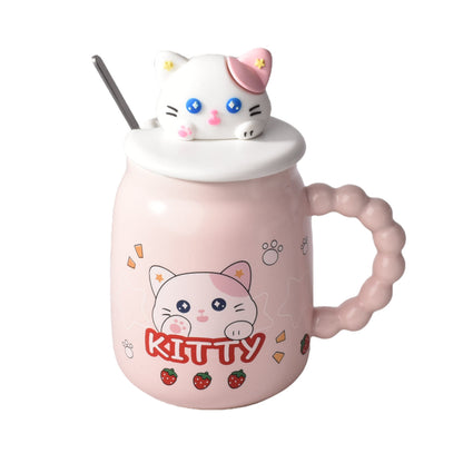 MUG POCILLO CON TAPA Y CUCHARA CERAMICA DISEÑOS GATOS 420ML