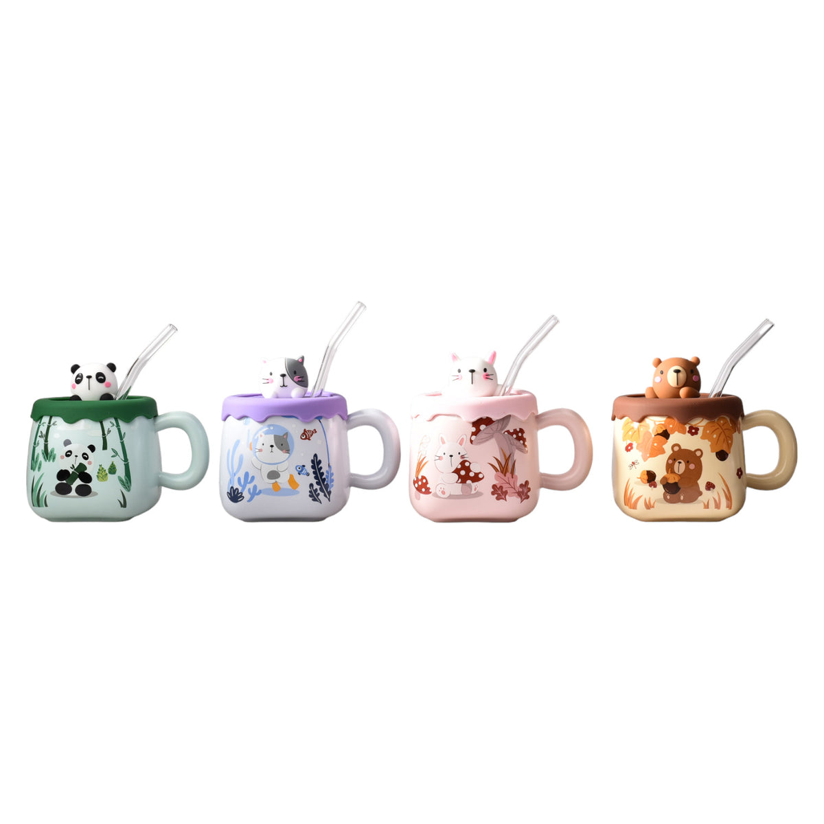 mug pocillo ceramica diseños de osos con pitillo y tapa