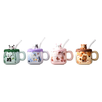 MUG POCILLO CERAMICA DISEÑOS DE OSOS CON PITILLO Y TAPA