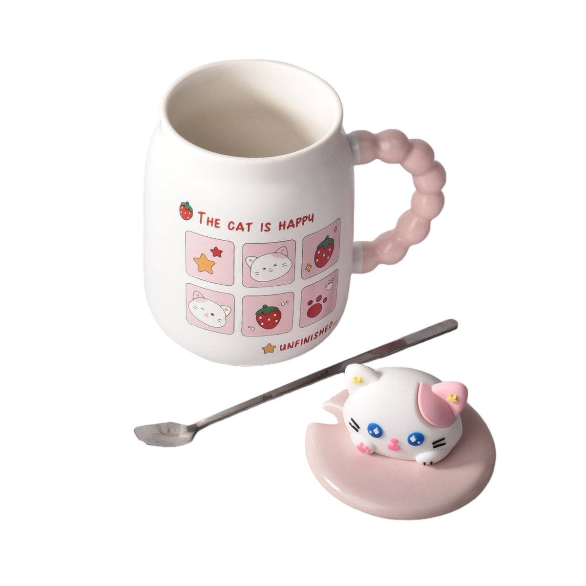 mug pocillo con tapa y cuchara ceramica diseños gatos 420ml