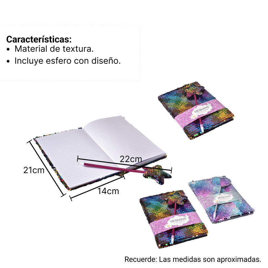 agenda diario con esfero lentejuelas dim: 14x21