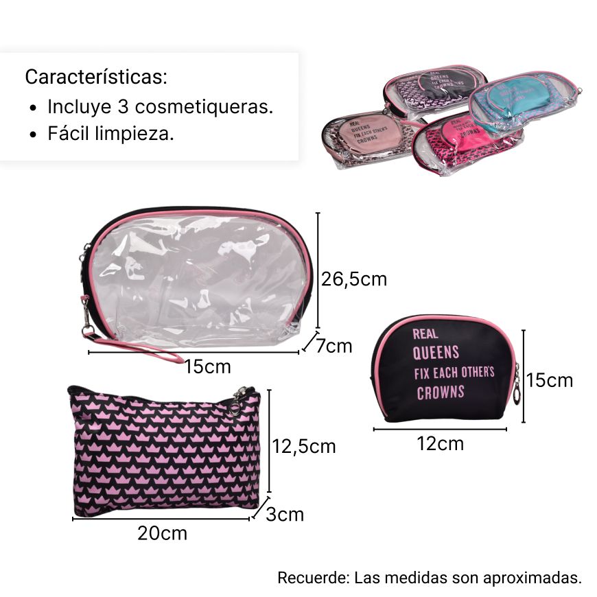 cosmetiquera x 3 unidades maquillaje monedero