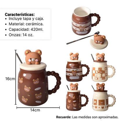 MUG POCILLO CON TAPA Y CUCHARA CERAMICA DISEÑOS OSOS DE 420M