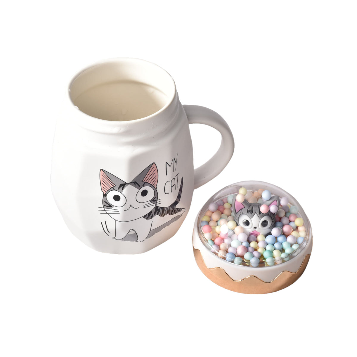 mug pocillo ceramica diseño de gato con tapa de 400ml 9x9x14