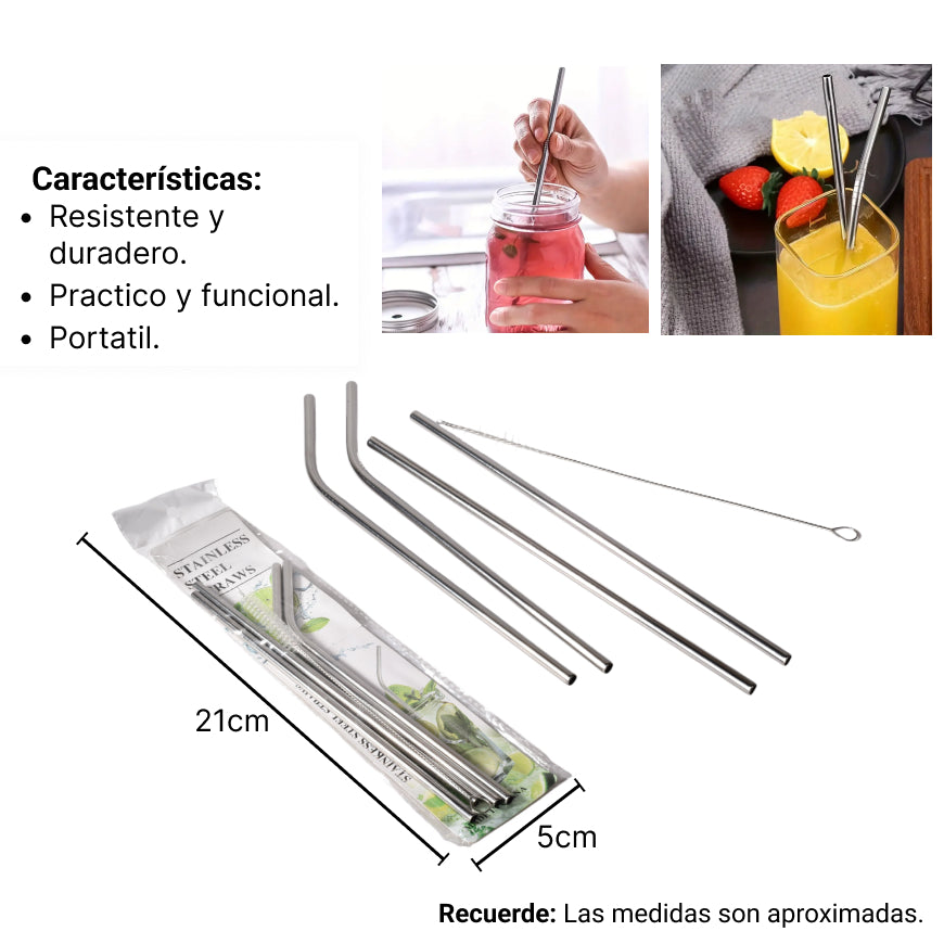set 5pcs pitillos reutilizables ecologicos cepillo acero ino