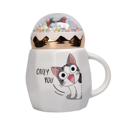 MUG POCILLO CON TAPA CERAMICA GATO 420ML DIM:8X13