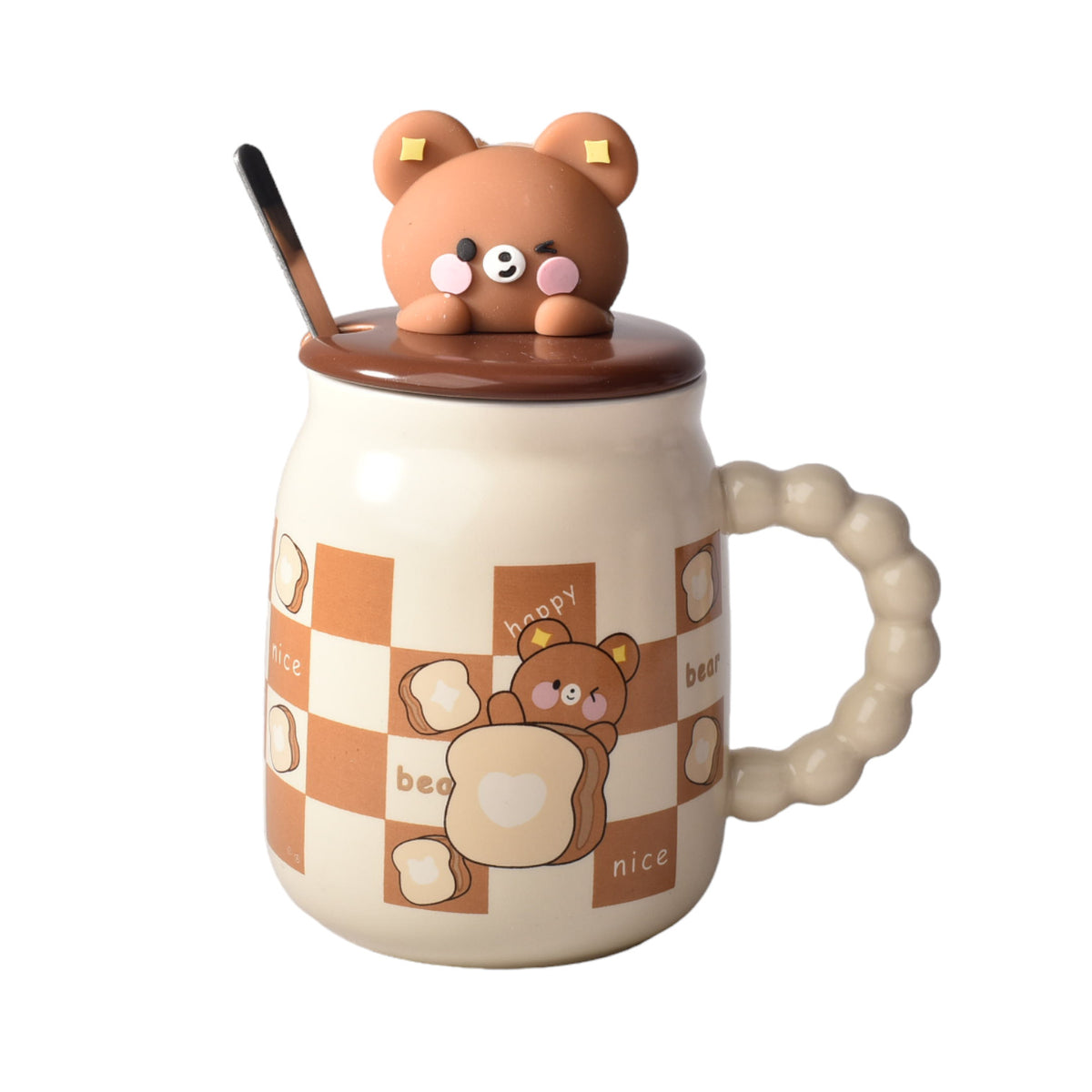 mug pocillo con tapa y cuchara ceramica diseños osos de 420m