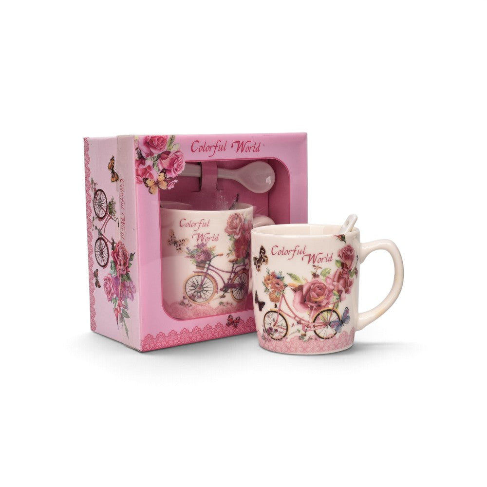 pocillo set ceramica con cuchara flores 210ml
