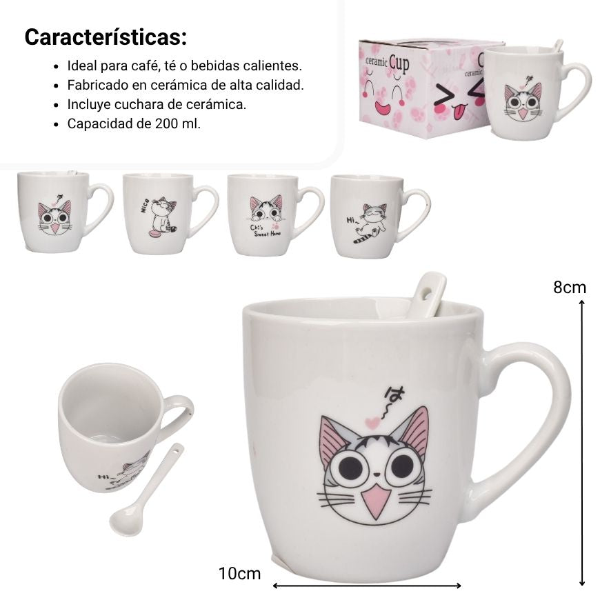mug pocillo ceramica con cuchara diseño gatos 200ml