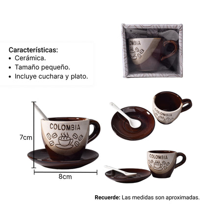 MUG POCILLO CON CUCHARA Y PLATO CERAMICA DIM:7X7X6