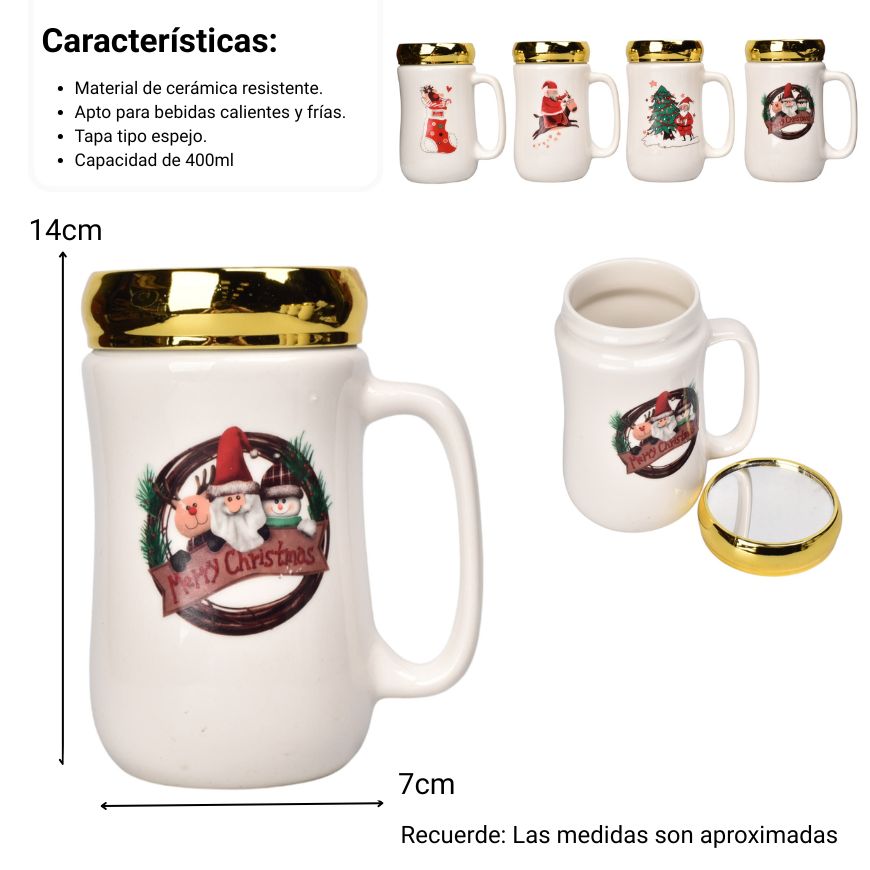 mug pocillo ceramica tapa espejo navidad 400ml