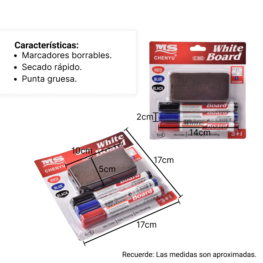 set marcadores borrables  x 3 mas borrador