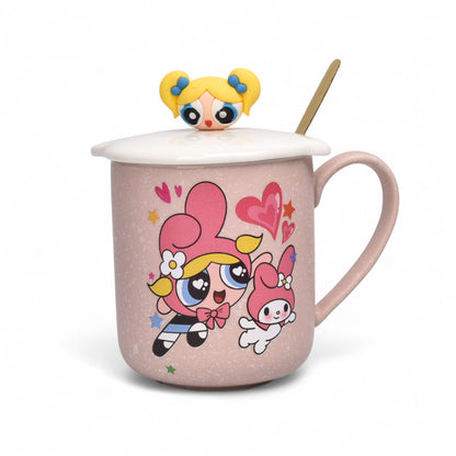 MUG POCILLO CERAMICA PERSONAJE CON TAPA Y CUCHARA 340ML DIM:9X7