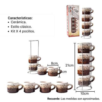 SET 4PCS POCILLOS CON BASE CERAMICA MEDIANO
