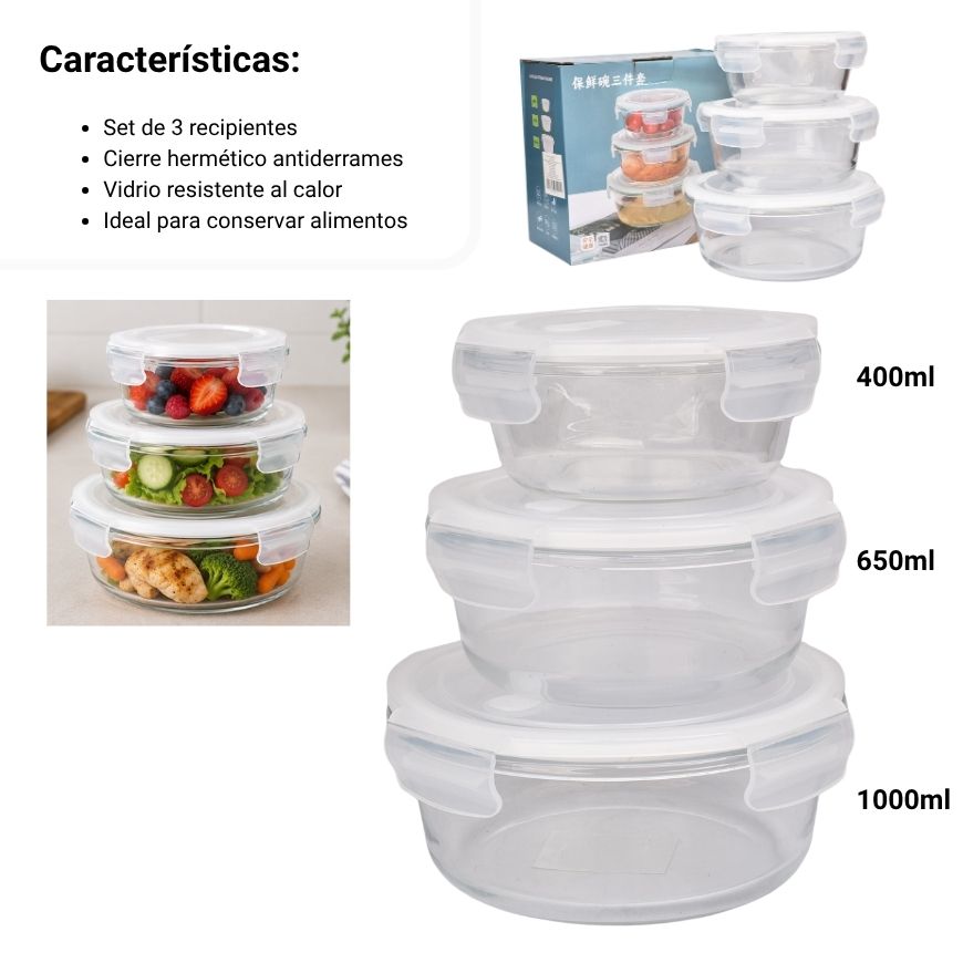 portacomida set 3pcs vidrio y plastico 400,650,1000ml