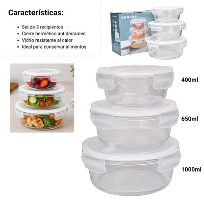 PORTACOMIDA SET 3PCS VIDRIO Y PLASTICO 400,650,1000ML