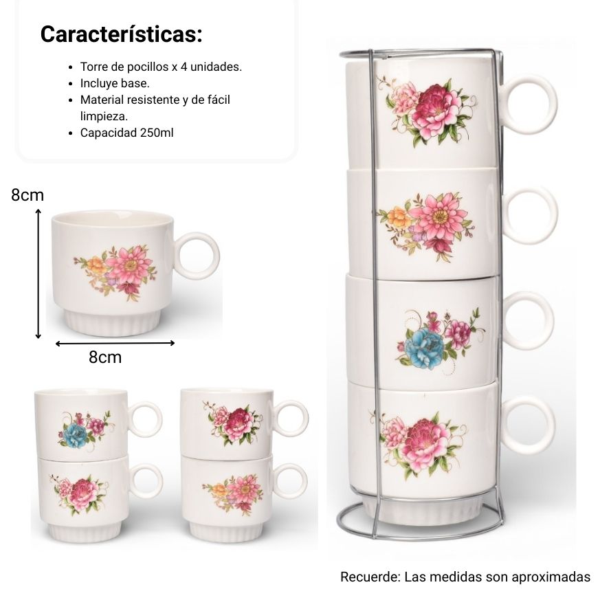 pocillo set 4pcs ceramica con base 250ml dim:8x8x7
