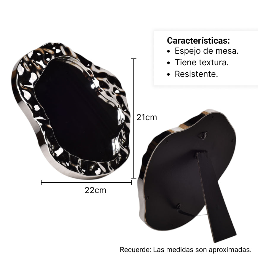 espejo vidrio plastico plateado diseño elegante dim:21x22x2