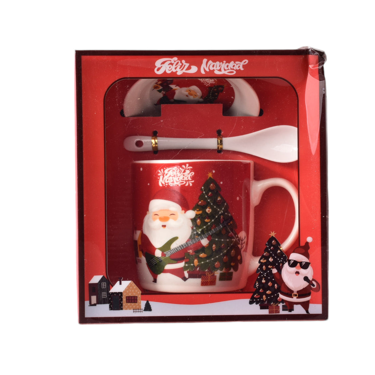 set pocillo ceramica con cuchara y plato de navidad