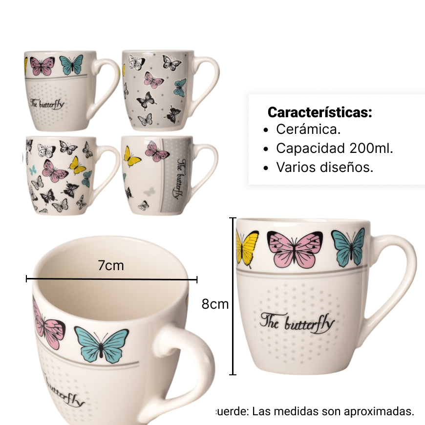 mug pocillo ceramica diseño de mariposas 200ml dim:7x7x8
