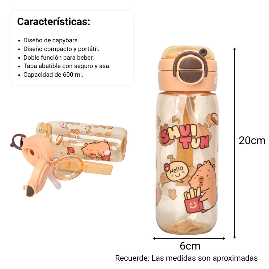 botella de agua 600ml diseño capybara plastico cafe dim:6x20