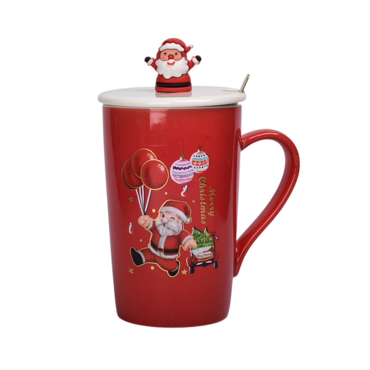 mug pocillo con tapa y  cuchara de ceramica navidad 420ml dim:8x8x12