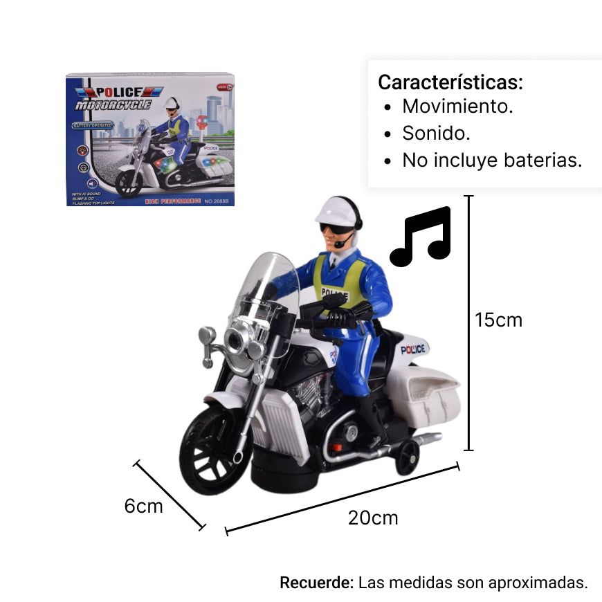 moto policia luces y movimiento dim:21x16.5x9cm