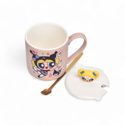 MUG POCILLO CERAMICA PERSONAJE CON TAPA Y CUCHARA 340ML DIM:9X7