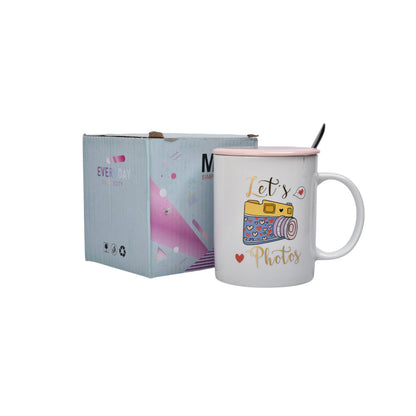 MUG POCILLO CON TAPA Y  CUCHARA DE CERAMICA VARIOS DISEÑOS 350ML DIM:8X8X9