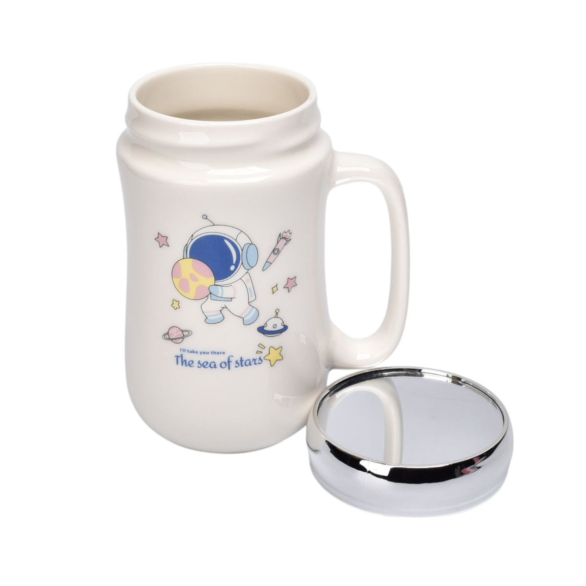 pocillo ceramica diseño astronauta con tapa 450ml dim:7x14