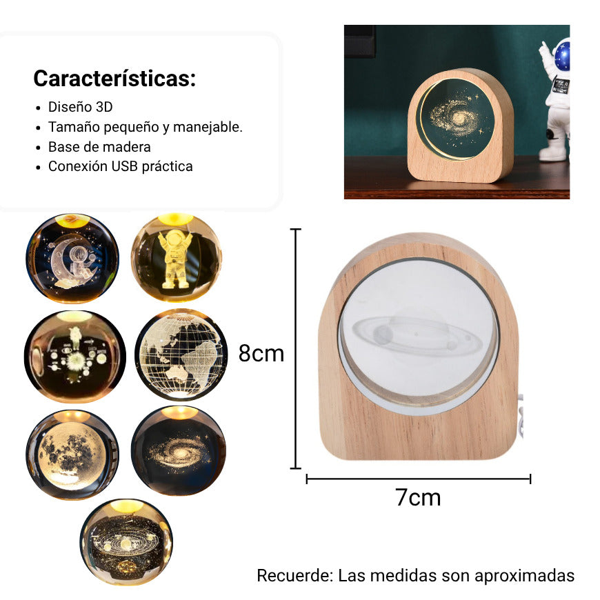 lampara esfera cristal vidrio con base madera pequeña dim:8x7cm