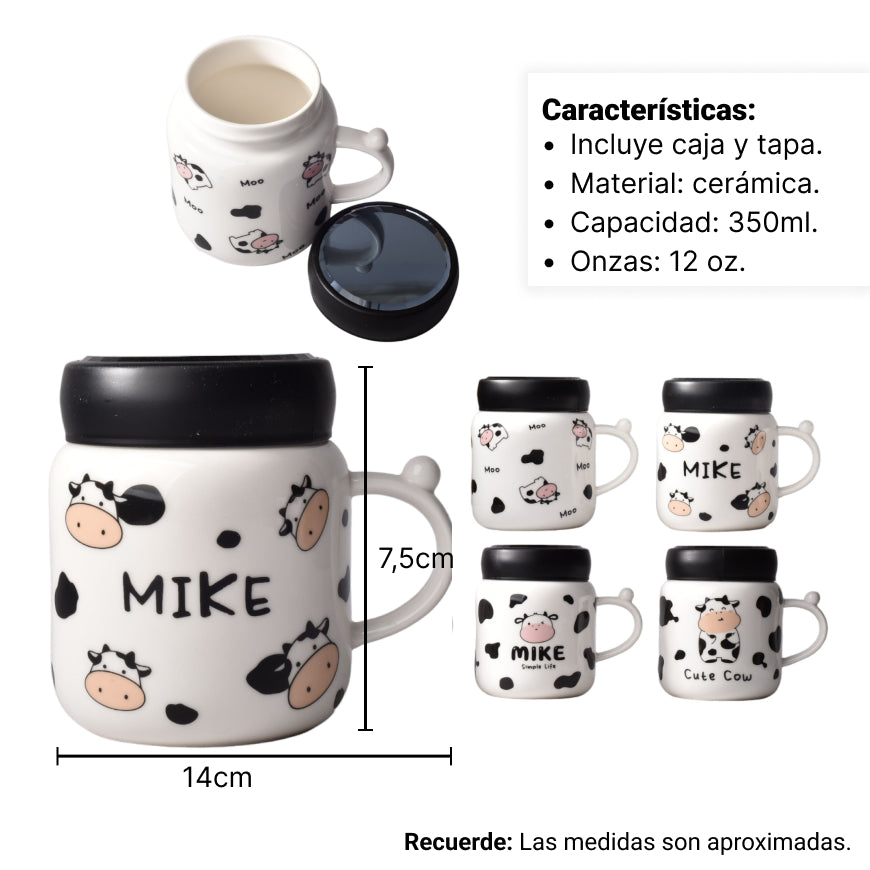 mug pocillo ceramica diseños de vacas con tapa de 380ml