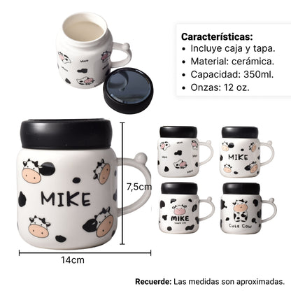 MUG POCILLO CERAMICA DISEÑOS DE VACAS CON TAPA DE 380ML