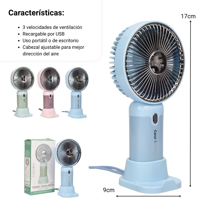 ventilador recargable plastico con cable usb dim:17x9x4