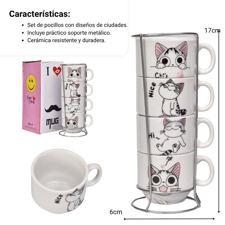 pocillo set 4pcs ceramica con base dim:7x17cm