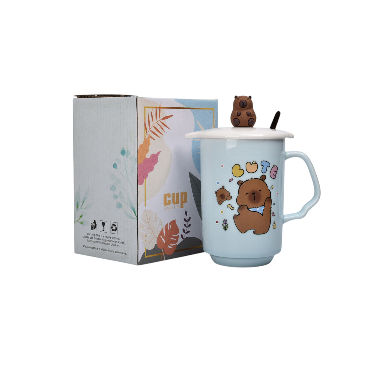 mug pocillo con tapa de ceramica 360ml capybara  dim:11x7x7