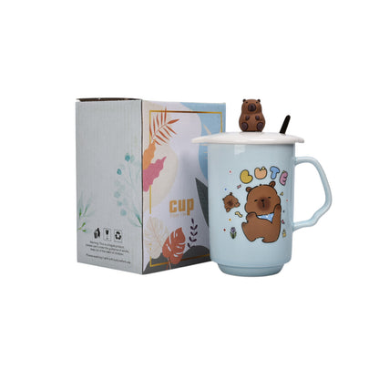 MUG POCILLO CON TAPA DE CERAMICA 360ML CAPYBARA  DIM:11X7X7