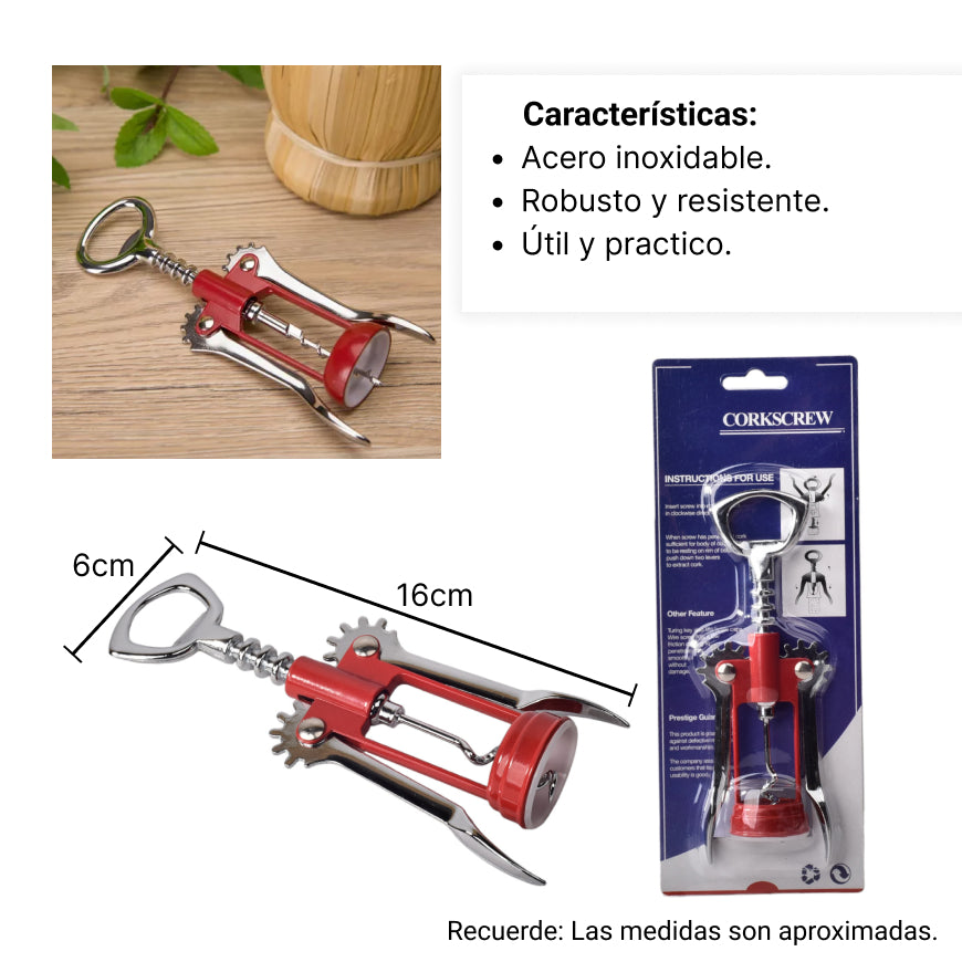 sacacorcho metalico para vino color rojo