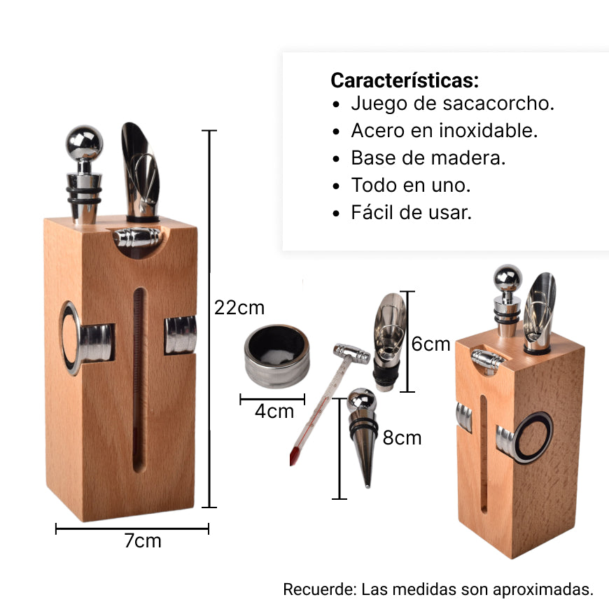 kit descorchador de vino acero inoxidable con base de madera